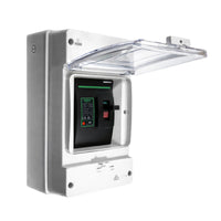 Open clear hinged lid of a ZJBeny BDM-125 DC circuit breaker enclosure showing the internal breaker