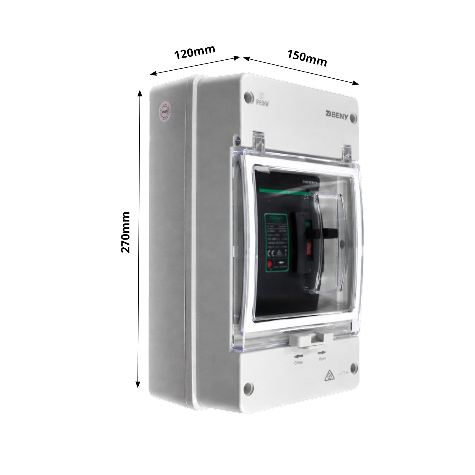 Front perspective of the 125A circuit breaker enclosure with 270mm height and 150mm width dimensions marked