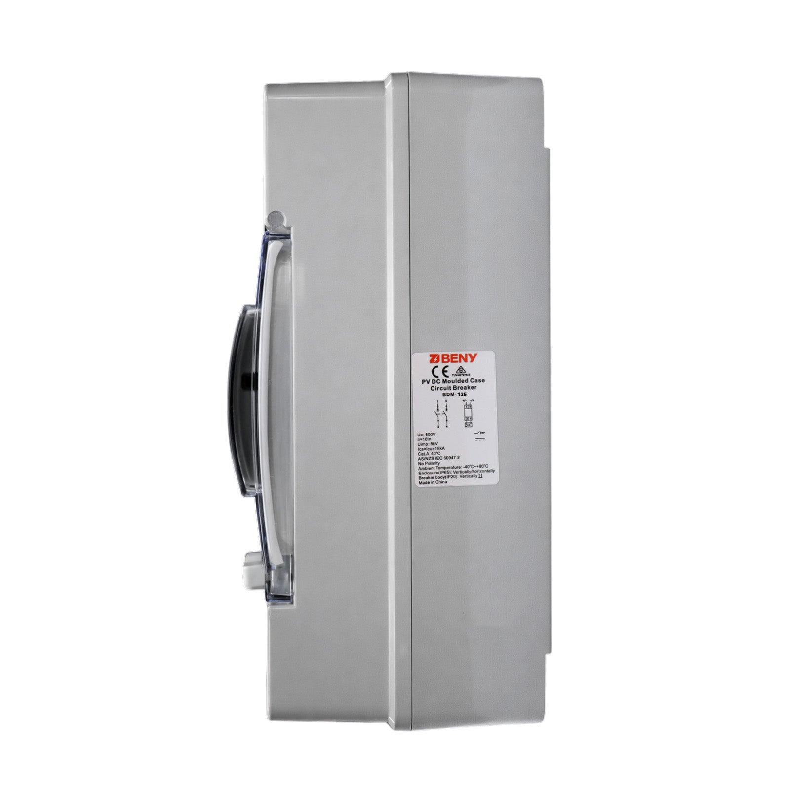 Side view of the ZJBeny BDM-125 DC circuit breaker enclosure showing the technical specification and compliance label