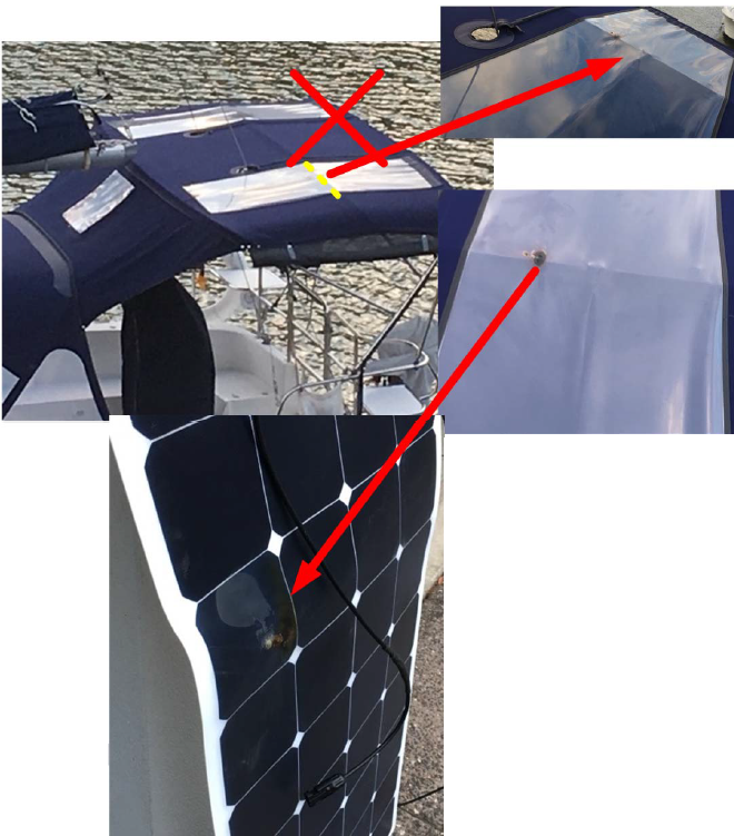 Solar panel installed onto bars on canvas showing close up of damage