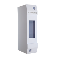 Angled view of white plastic 1-module DIN rail surface mount enclosure with front window