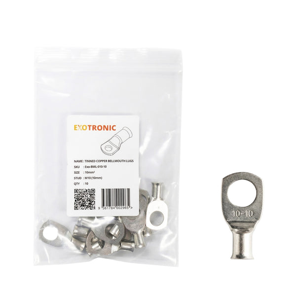 Pack of 10 Exotronic 10mm² tinned copper lugs with M10 stud hole in retail packaging