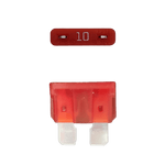Red 10A ATO/ATC automotive blade fuse with silver-plated terminals showing top and side profiles