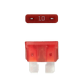 Red 10A ATO/ATC automotive blade fuse with silver-plated terminals showing top and side profiles