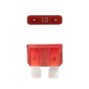 Red 10A ATO/ATC automotive blade fuse with silver-plated terminals showing top and side profiles