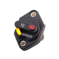 Front view of 10A mini panel mount circuit breaker with manual reset lever and red trip button