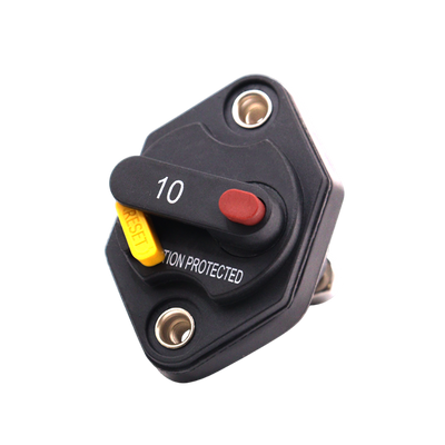Front view of 10A mini panel mount circuit breaker with manual reset lever and red trip button