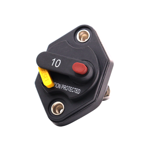 Front view of 10A mini panel mount circuit breaker with manual reset lever and red trip button