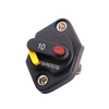Front view of 10A mini panel mount circuit breaker with manual reset lever and red trip button