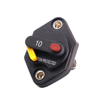 Front view of 10A mini panel mount circuit breaker with manual reset lever and red trip button