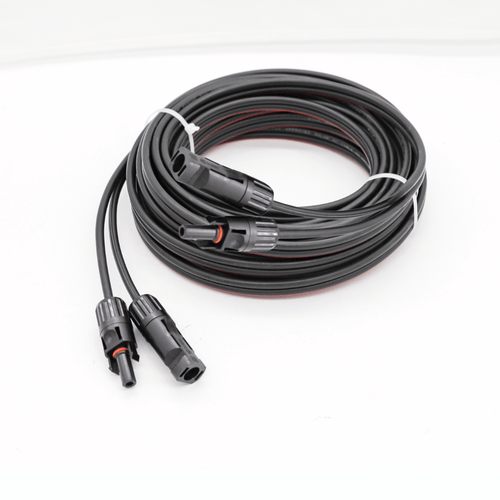 Coiled 10m twin solar extension cable featuring pre-crimped MC4 connectors and double insulated black sheathing