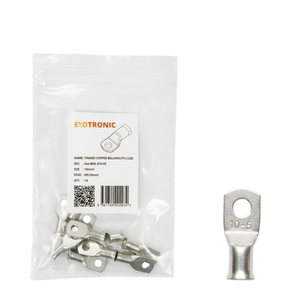 10 pack of 10mm² tinned copper bellmouth lugs with M5 stud hole and one loose lug