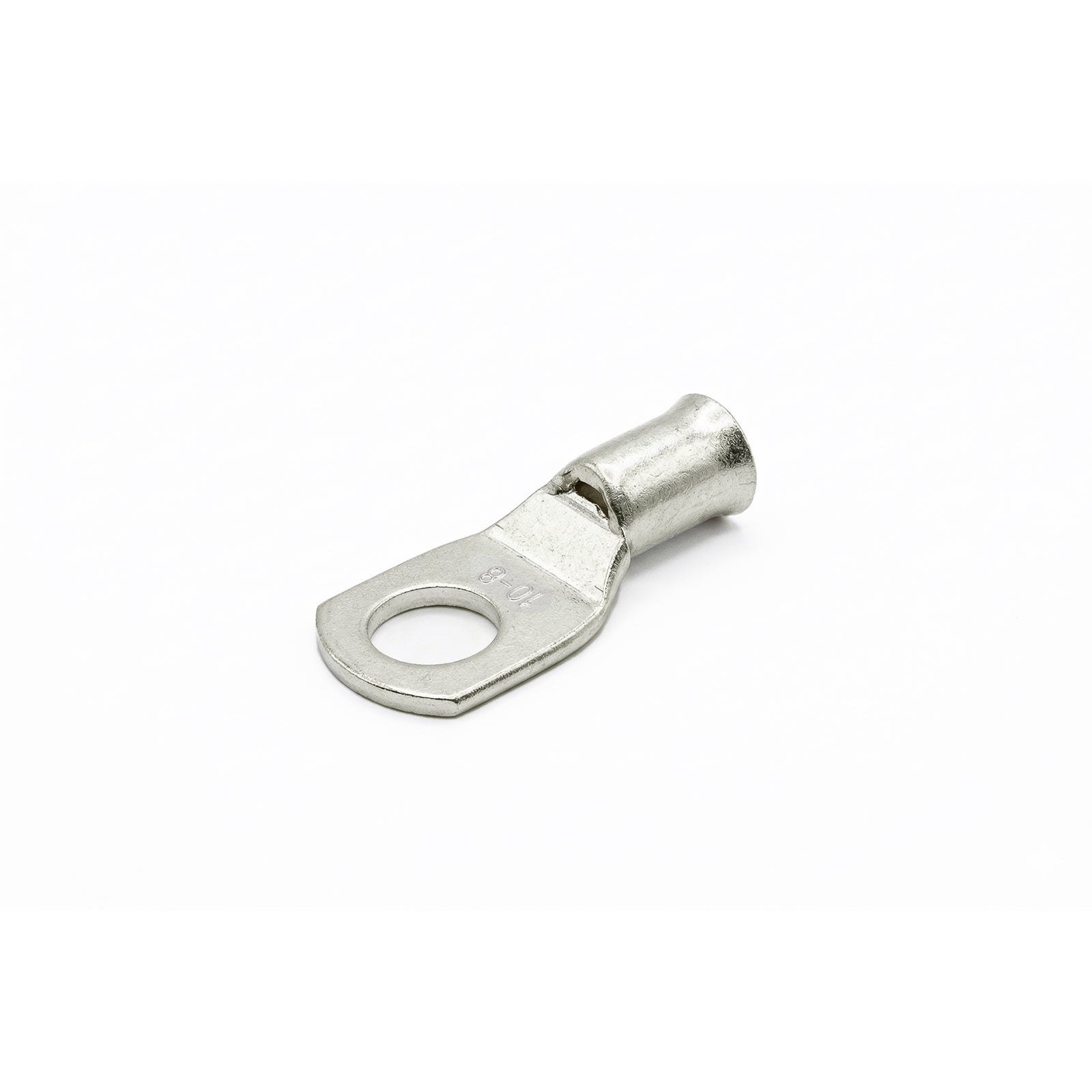 Perspective view of a tinned copper bellmouth cable lug for 10mm2 wire and M8 stud