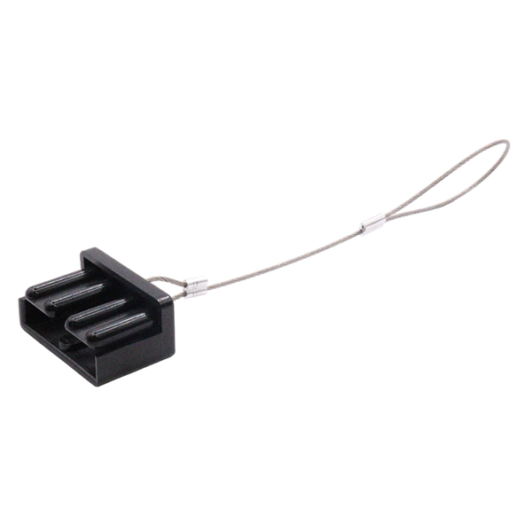 Black plastic dust cover with steel lanyard for 120A Anderson plugs