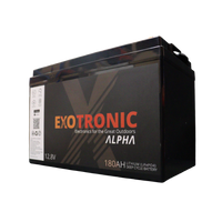 Angled front view of 12V 180Ah lithium deep cycle battery with black ABS case