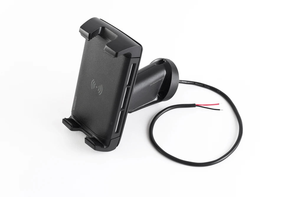 Rear view of wireless charger mount showing integrated 12V and 24V power cable for hardwired installation