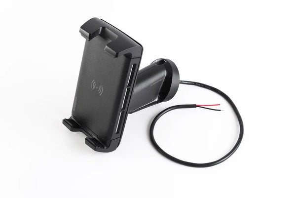 Rear view of wireless charger mount showing integrated 12V and 24V power cable for hardwired installation