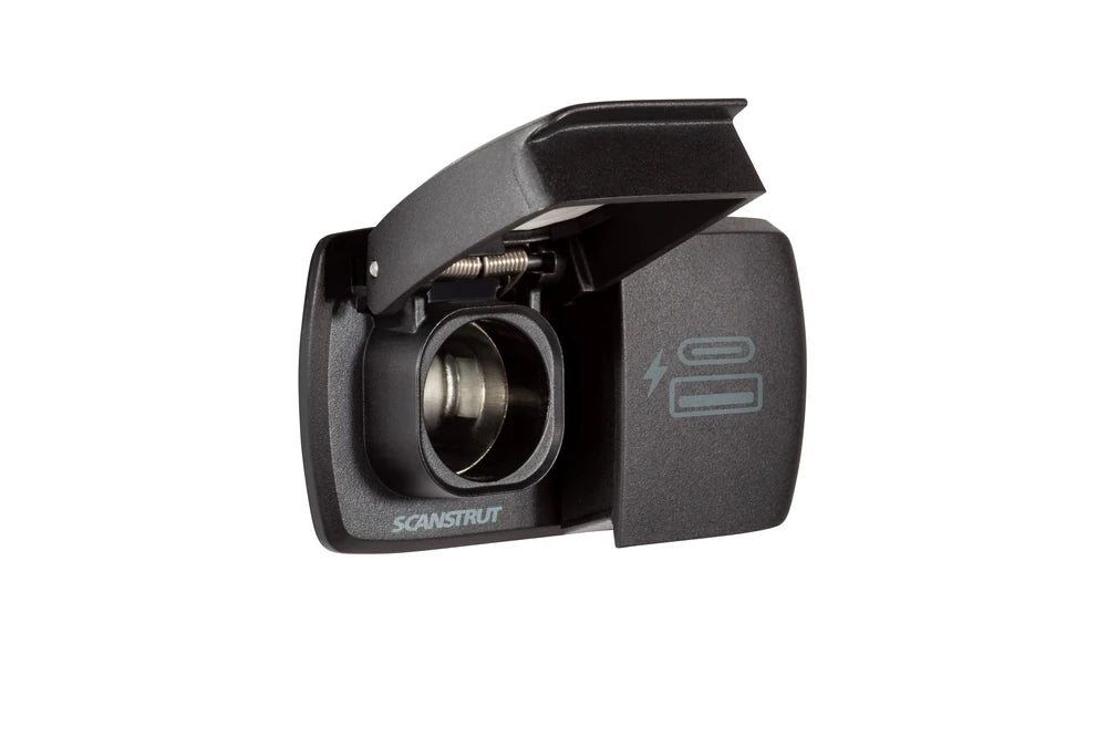 Dual power socket with 12V accessory socket open and USB port cover closed