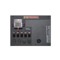 Front panel interface showing fuse block, switches, sockets and connection labels