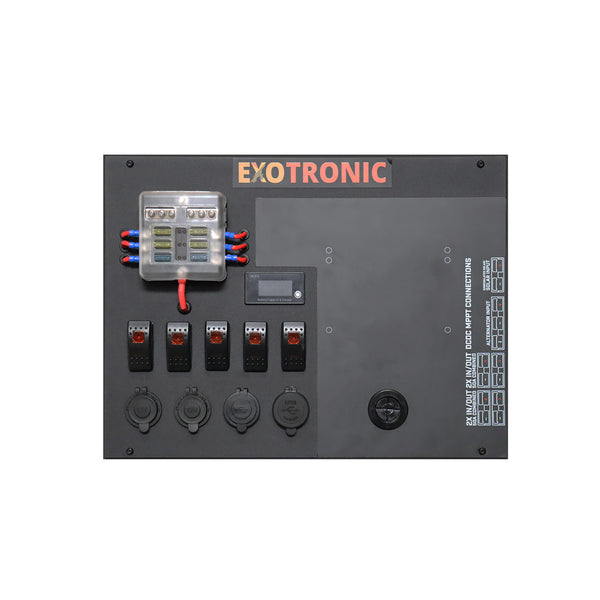Front panel interface showing fuse block, switches, sockets and connection labels