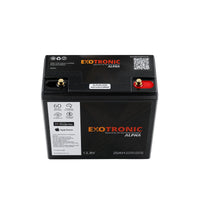Top angled view of the battery lid showing M6 brass bolt terminals and product identification markings
