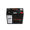 Top angled view of the battery lid showing M6 brass bolt terminals and product identification markings