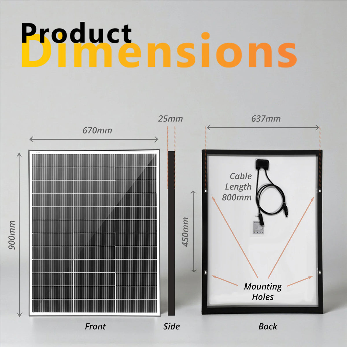 Dimensional diagram of 130W solar panel showing 900mm height by 670mm width