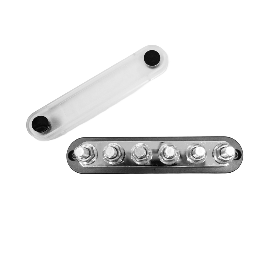 Exotronic 150A busbar with six M6 studs and detached clear protective cover