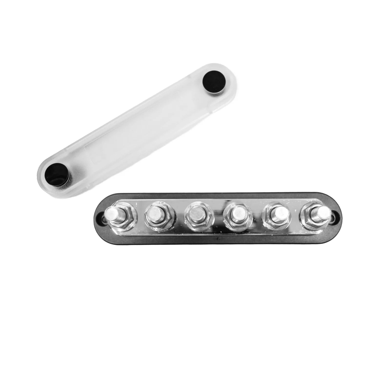 Exotronic 150A busbar with six M6 studs and detached clear protective cover