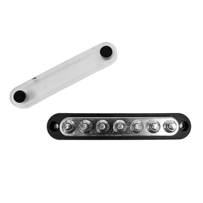 Black 150A busbar with 7 M6 studs and removed clear protective cover