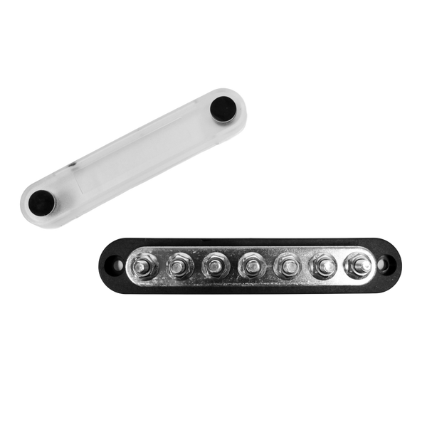 Black 150A busbar with 7 M6 studs and removed clear protective cover