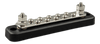 Angled view of 150A busbar showing tin-plated copper strip and stainless steel terminals