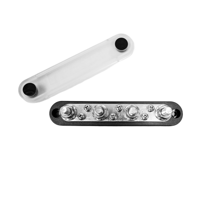 Exotronic 150A black busbar with clear cover removed showing four M8 studs
