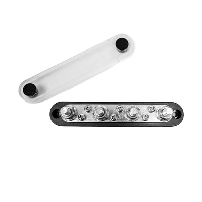 Exotronic 150A black busbar with clear cover removed showing four M8 studs