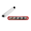 Red 5 stud busbar with removed clear protective cover and stainless steel nuts