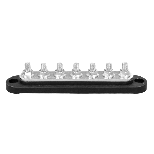 Angled side view of black busbar featuring 7 metal studs on a black base