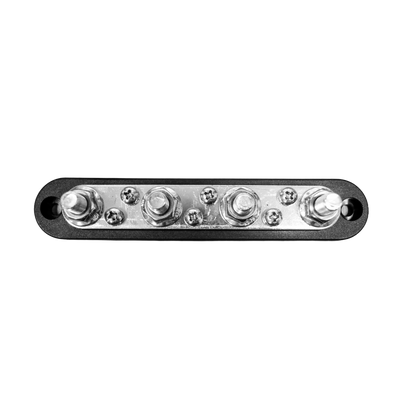 Top-down view of black 150A busbar showing four studs and six screw terminals