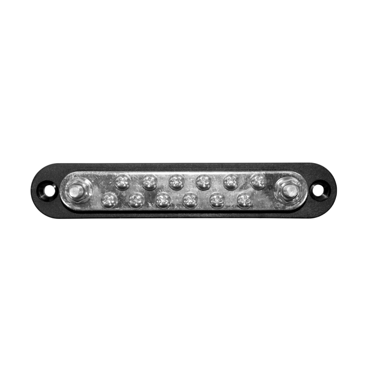 Top view of black busbar with tin-plated copper bus, twelve screws and two terminal studs