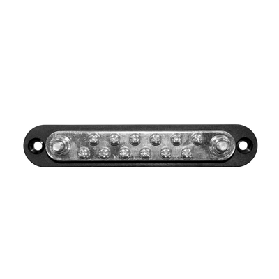 Top view of black busbar with tin-plated copper bus, twelve screws and two terminal studs