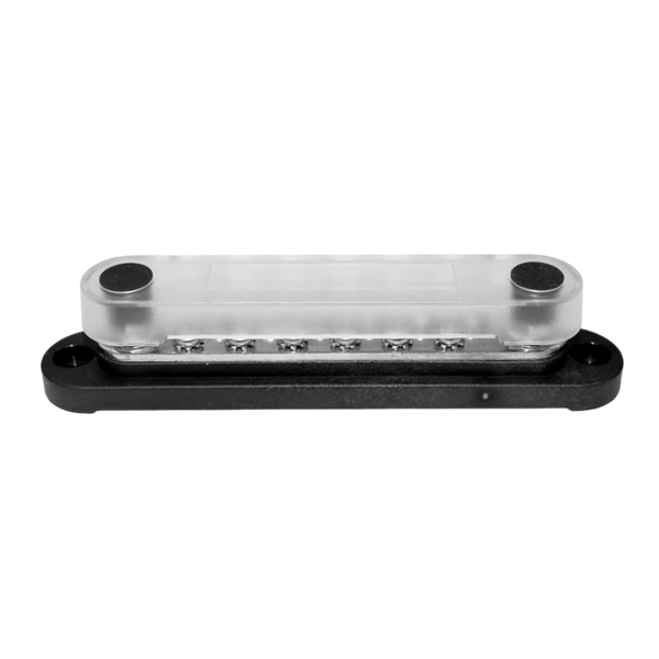 Angled view of 150A busbar with clear safety cover clipped in place