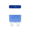 Blue 15A ATO/ATC automotive blade fuse with silver-plated terminals showing top and side profiles
