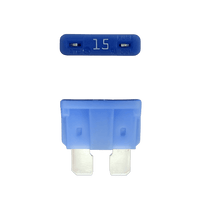 Blue 15A ATO/ATC automotive blade fuse with silver-plated terminals showing top and side profiles