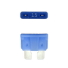 Blue 15A ATO/ATC automotive blade fuse with silver-plated terminals showing top and side profiles