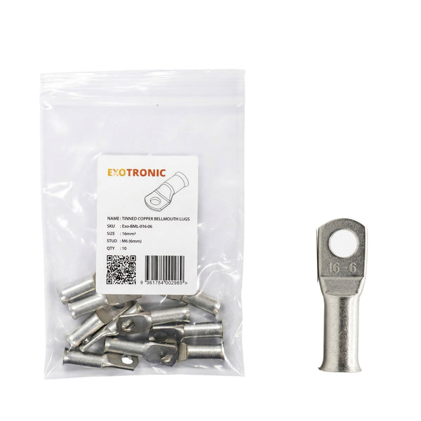 10 pack of 16mm² tinned copper bellmouth lugs with M6 stud hole and one loose lug