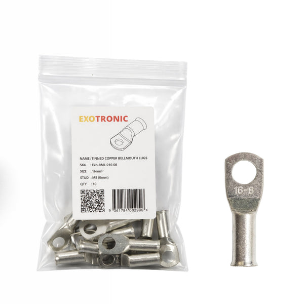 10 pack of 16mm² tinned copper bellmouth lugs with M8 stud hole and one loose lug
