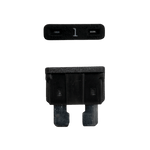 Black 1A ATO/ATC automotive blade fuse with silver-plated terminals showing top and side profiles