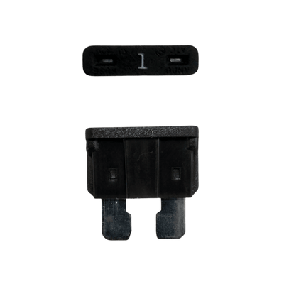 Black 1A ATO/ATC automotive blade fuse with silver-plated terminals showing top and side profiles