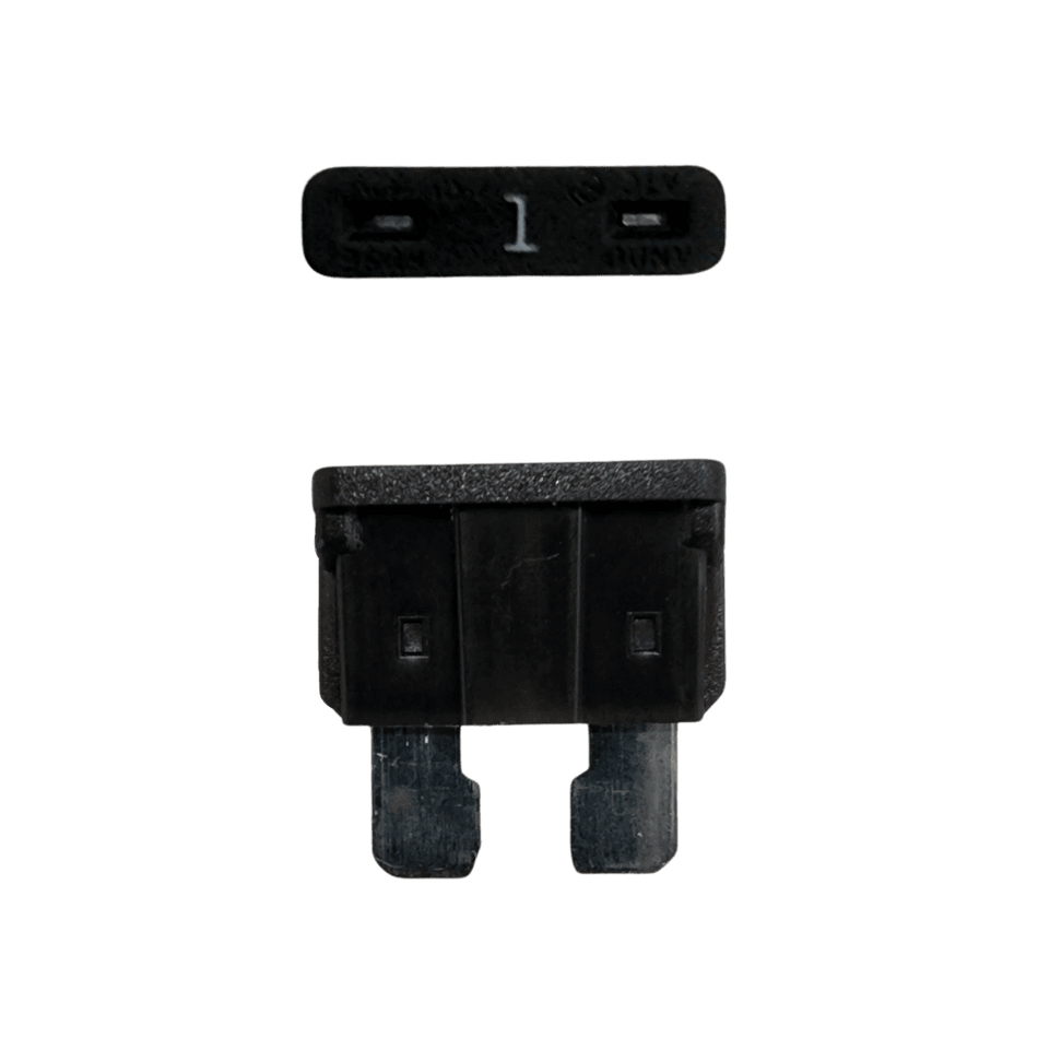 Black 1A ATO/ATC automotive blade fuse with silver-plated terminals showing top and side profiles