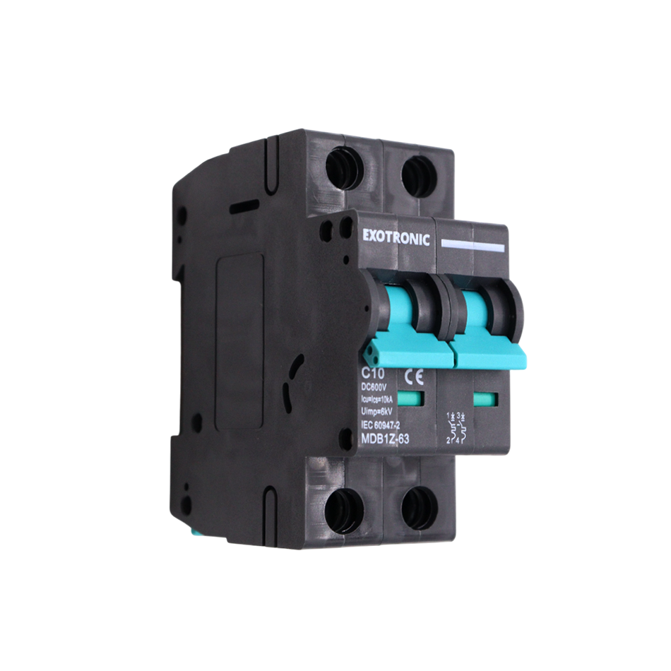 Angled side view of Exotronic 10A 2-Pole DC Circuit Breaker showing teal switches and C10 ratings