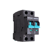 Angled side view of Exotronic 10A 2-Pole DC Circuit Breaker showing teal switches and C10 ratings